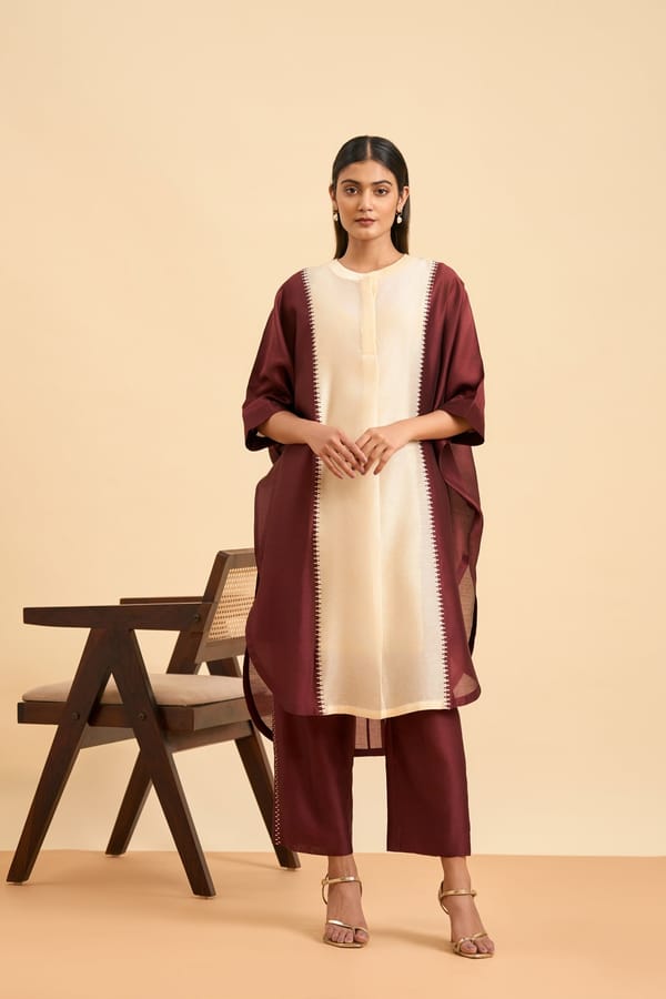 Maroon and Ivory Colorblocked Chanderi Silk Kurta Set — Origani