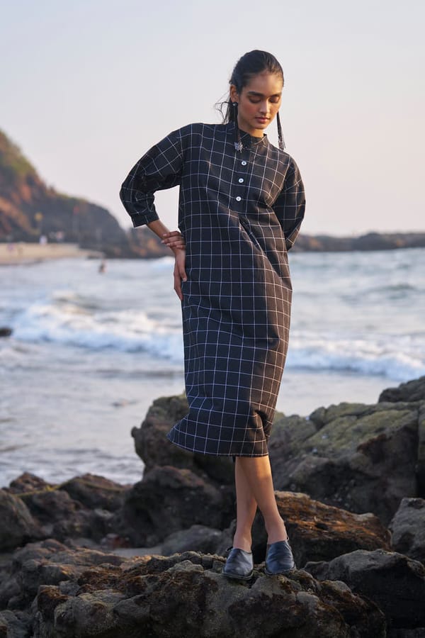 Black Checked Cotton Midi Shirt Dress with Back Twist Tie — Dash and Dot
