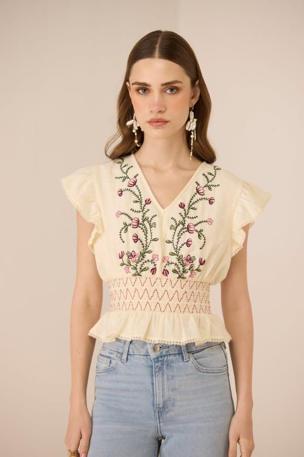 Cream Cotton Embroidered Smocked Waist Cropped Blouse — Calling June