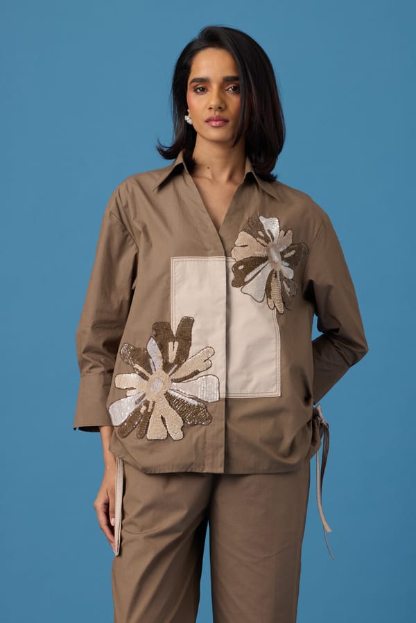 Earth Brown Oversized Colorblocked Appliqué Shirt — 63East