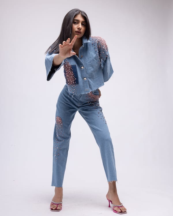 Light Blue High-Waist Crystal Embellished Straight Jeans — MAGIA