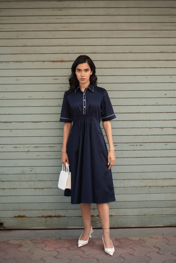 Navy Blue Cotton Satin Ruched Waist A-Line Midi Dress — Escape By Aishwarya