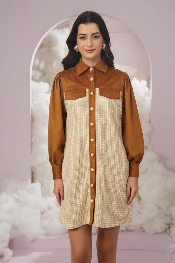 Beige Tweed Colorblock Mini Shirt Dress — Chöjé