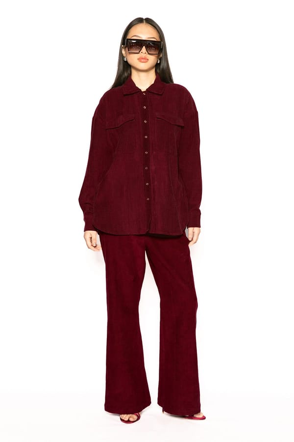 Wine Corduroy Shacket and Bell Bottom Co-ord Set — Contemponari