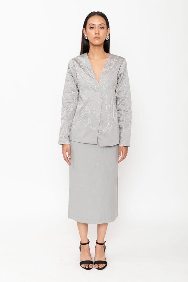 Grey Lapel-less Embroidered Cotton Satin Blazer — Contemponari