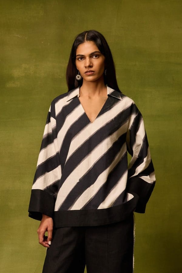 Black/White Linen Oversized Kaftan Top with Diagonal Stripes — Pocketful Of Cherrie