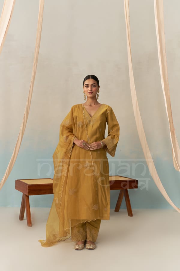 SERA - Mustard Gold Chanderi Suit Set — NARAYANI VASTRA
