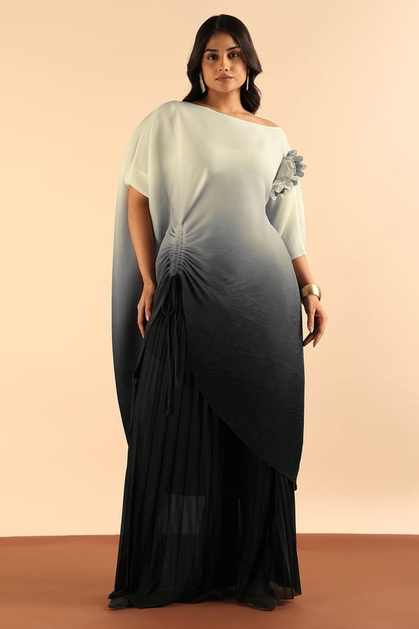 Black Ombré One-Shoulder Co-ord Set with Pleated Pants — Pleats by Aruni