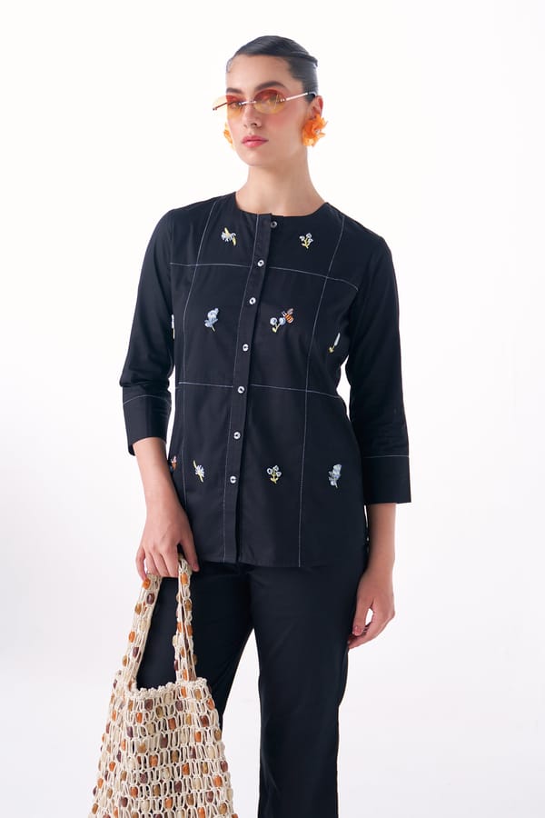 Black Cotton Satin Embroidered Round Neck Shirt — Our Love