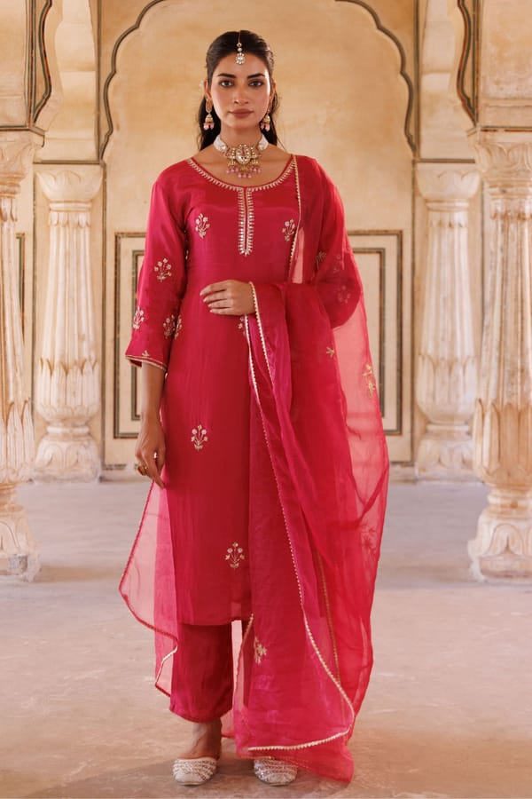 Deep Pink Silk Hand Embroidered Kurta Set — Bannhi by Priyanka Rathore