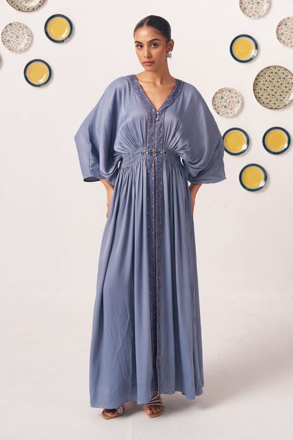 Steel Blue Embellished Fit and Flare Maxi Dress — Western Era