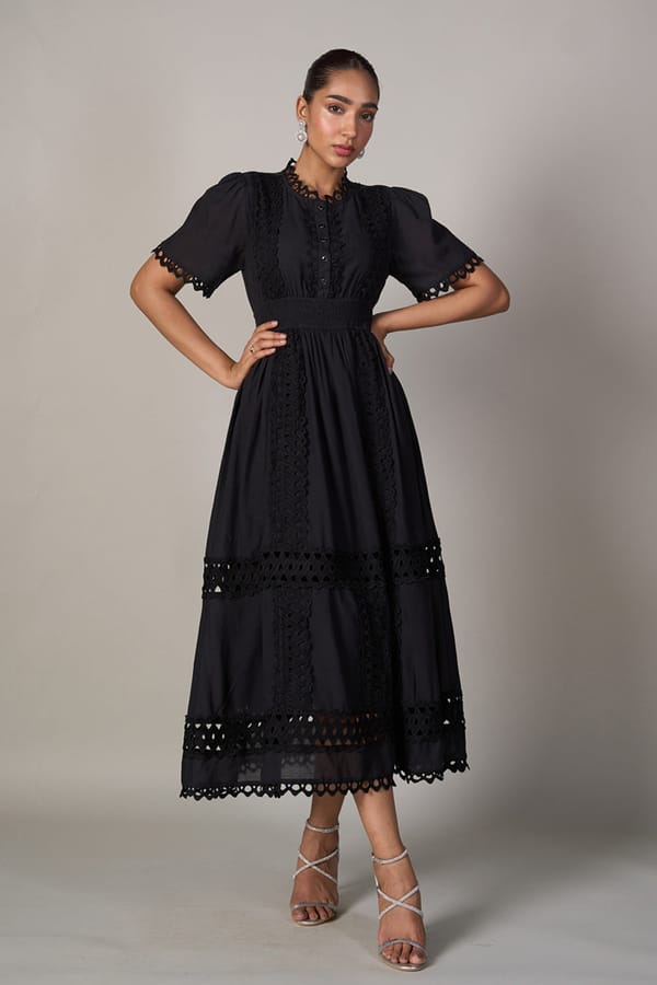 Black Fit and Flare Midi Dress with Cutwork Lace — Style Island