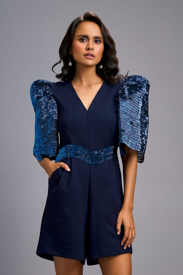 Navy Blue V-Neck Playsuit with Shimmer Belt — Deepika Arora