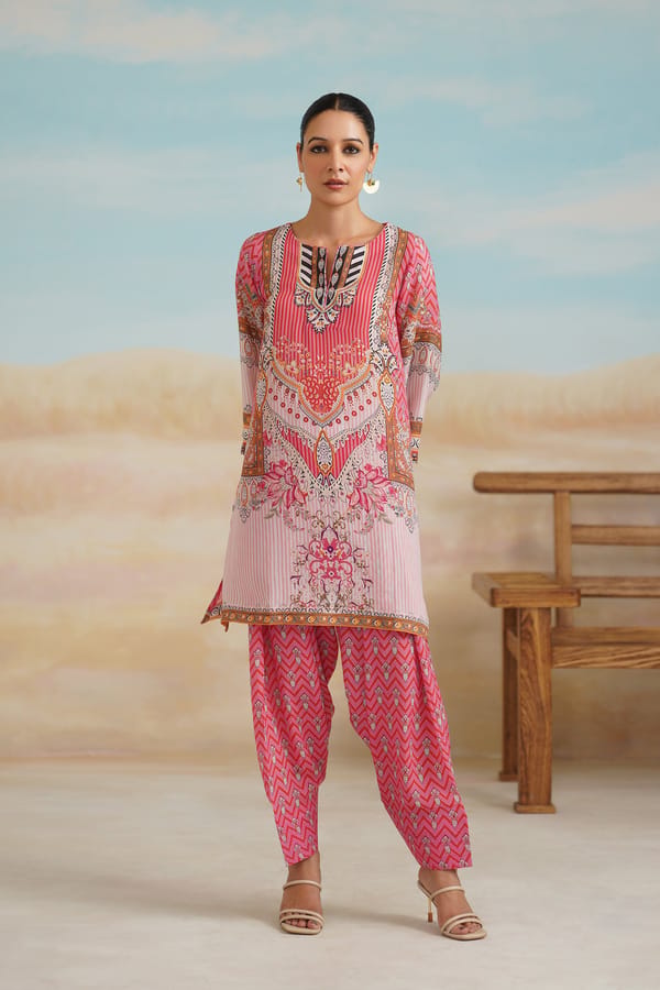 Pink Printed Kurta and Tapered Pants Co-ord Set — NEETIKA CHOPRA