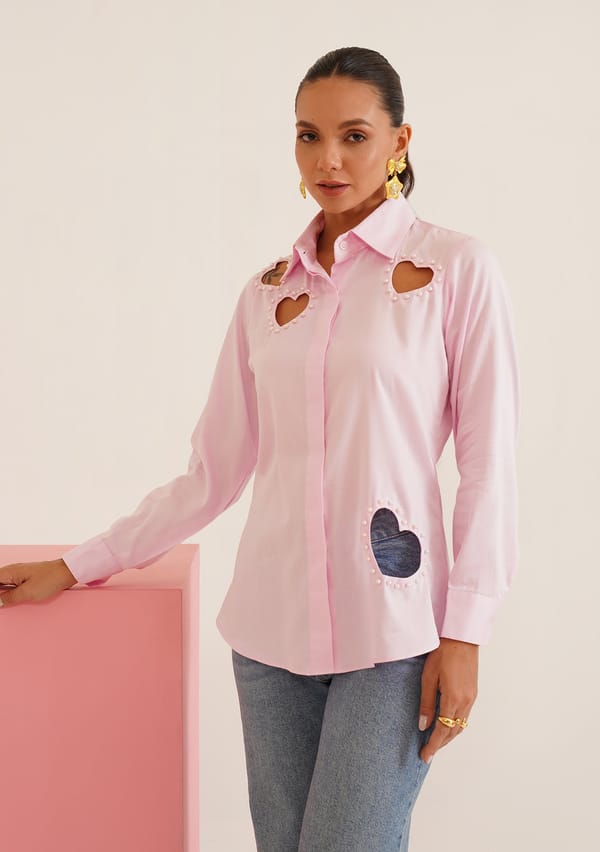 Pink Cotton Button-Down Shirt with Heart Cut-Outs — AMOSHI