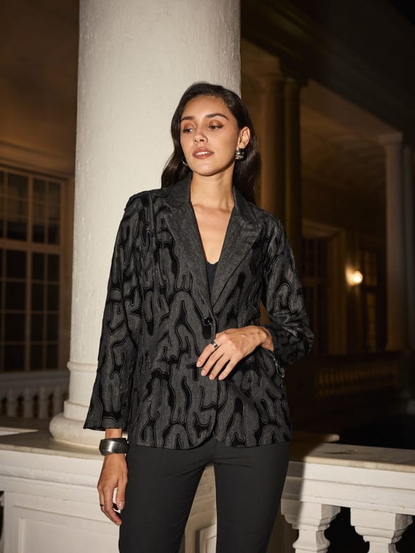 Black Denim Blazer with Tonal Velvet Embroidery — Style Island