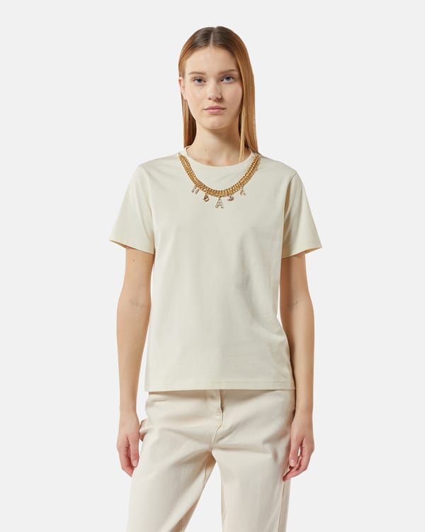 Milk Off-White Crewneck T-Shirt with Chain Neck Detail — SILVIAN HEACH