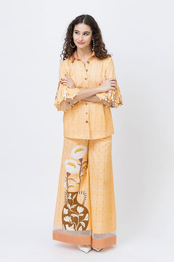 Orange Cotton Wide-Leg Printed Trousers — Jungle Marigold