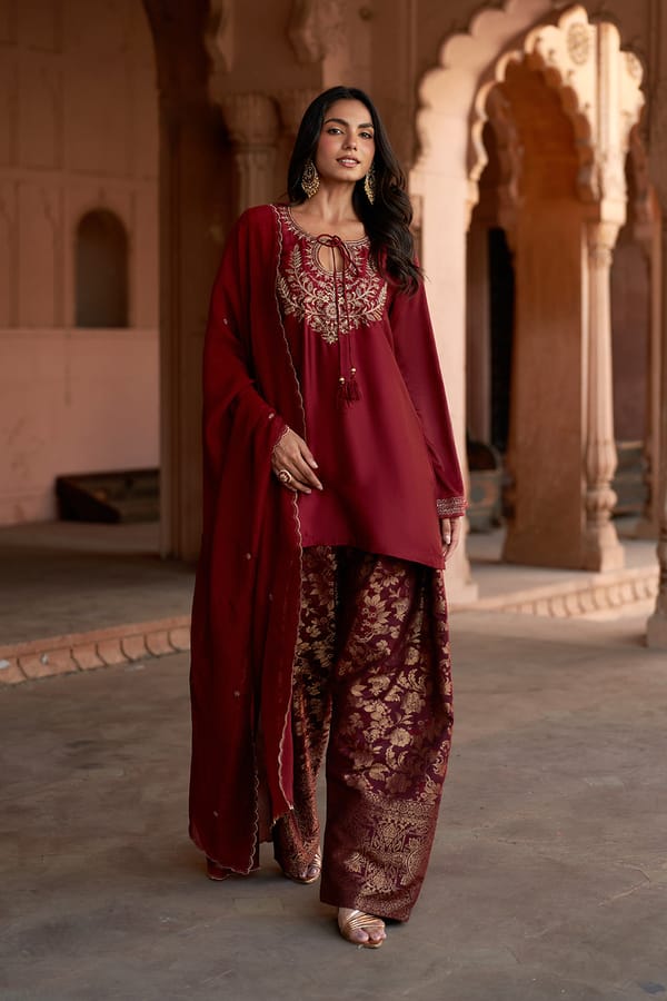 Jashn Maroon Embroidered Brocade Farshi Set — INCHING INDIA