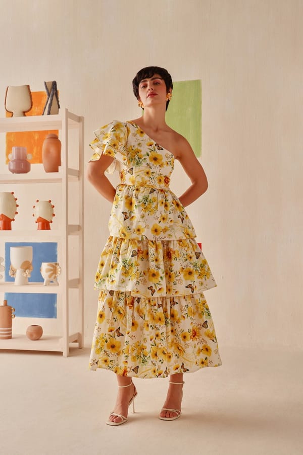 Ivory Yellow One-Shoulder Tiered Floral Midi Dress — Sage by Mala