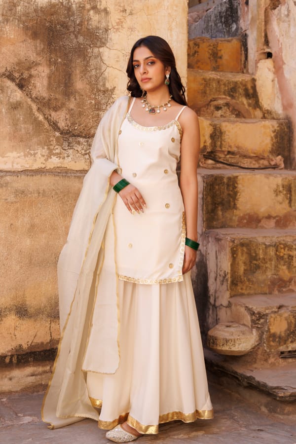Ivory Crepe Strappy Sharara Set — Bannhi by Priyanka Rathore