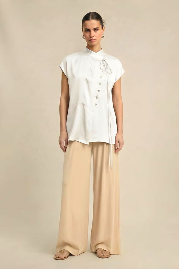 Ivory High Neck Overlap Panel Tie-Up Blouse — Neora