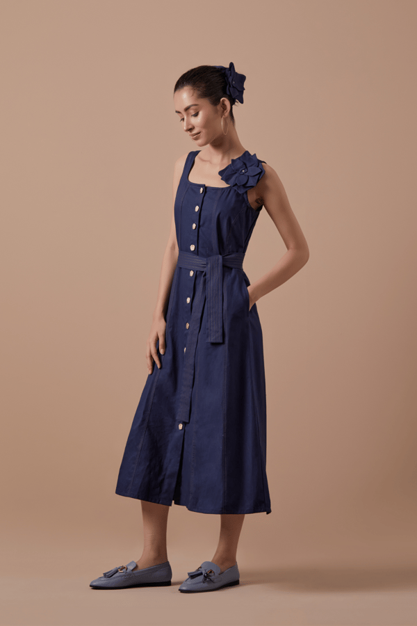Navy Button-Front Belted Midi Dress with Flower Detail — SHIBUI