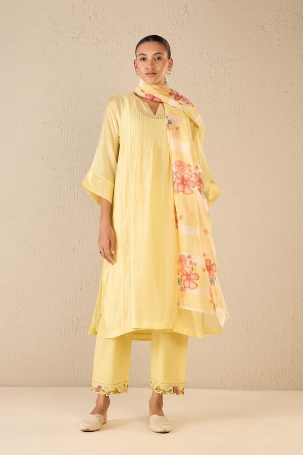Floral Fusion: Yellow Stripe Floral Lace Dupatta — SHIVANI BHARGAVA