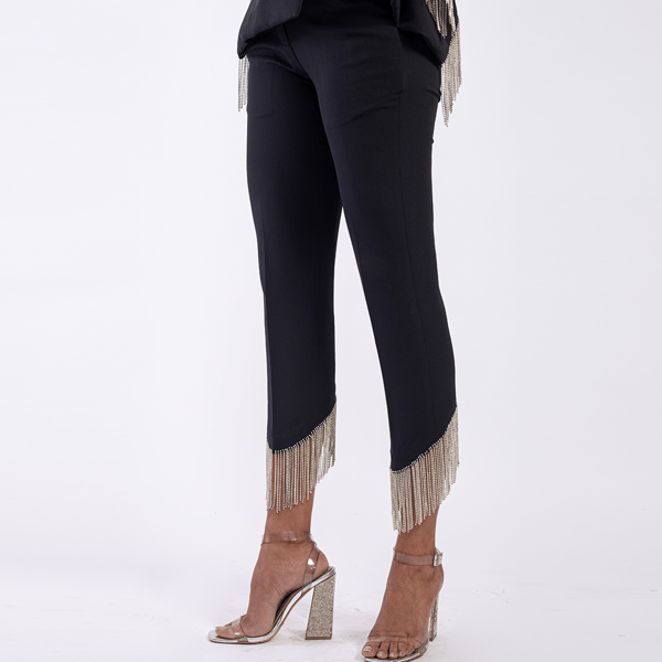 Black High-Waist Slim Straight Trousers with Rhinestone Fringe — MAGIA