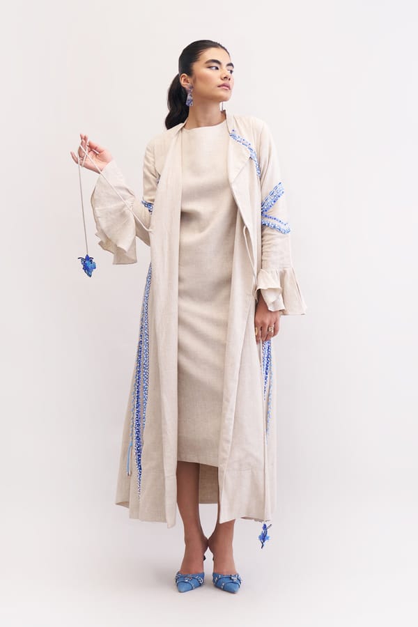 Neutral Linen Straight Midi Dress with Embroidered Cape Set — Our Love