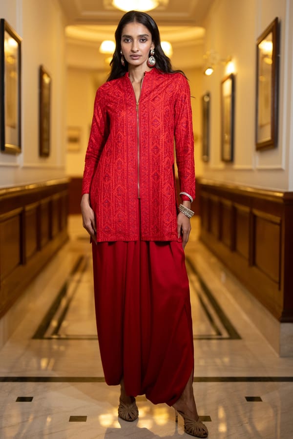Embroidered Zip Front Jacket & Pleated Dhoti Pant — Dash and Dot