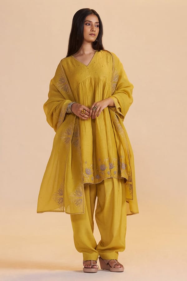 Mustard Yellow Chanderi Silk A-Line Kurta Set — Ganga Fashions Pvt Ltd