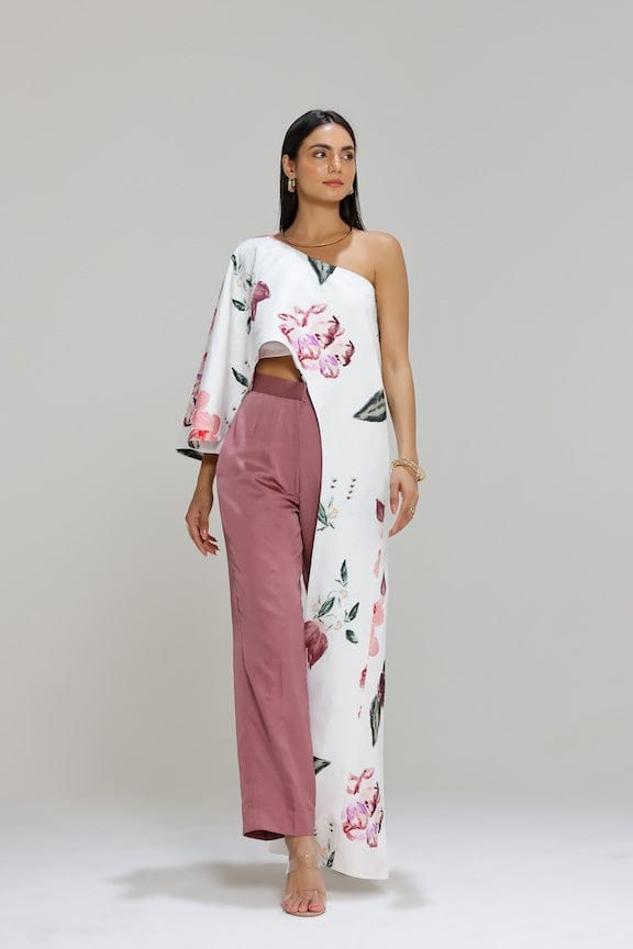 White One-Shoulder Draped Co-ord Set with Tapered Pants — STUDIO SURBHI