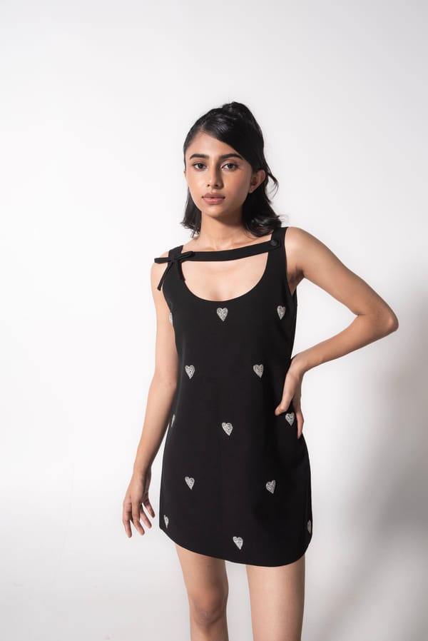 Black Straight Mini Dress with Rhinestone Hearts — MAGIA