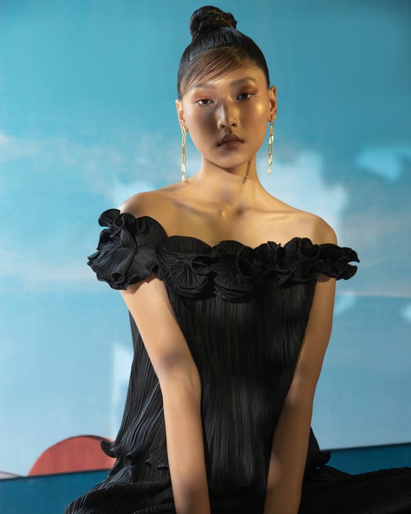 Black Off-Shoulder Pleated Top with Floral Detail — Pleats by Aruni