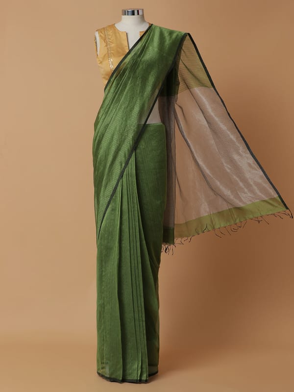 Maheshwari Cotton Silk Green Striped Silver Border — BINKS