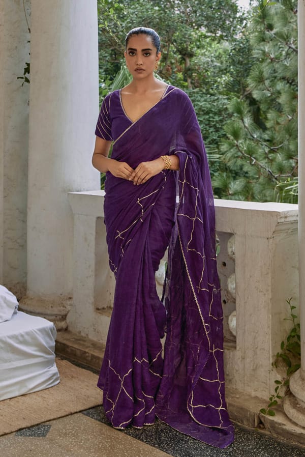 Purple Linen Saree with Gota Work Border — YELL