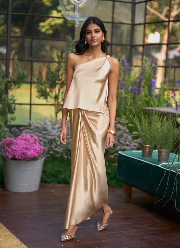 Liquid Champagne Satin Draped Maxi Skirt — Dash and Dot