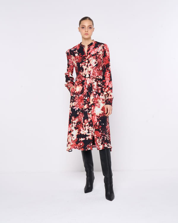 Red Floral Printed Belted Midi Shirt Dress — SILVIAN HEACH