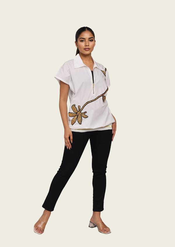 White Cotton Bomber Top with Studded Floral Embroidery — Richa Goenka