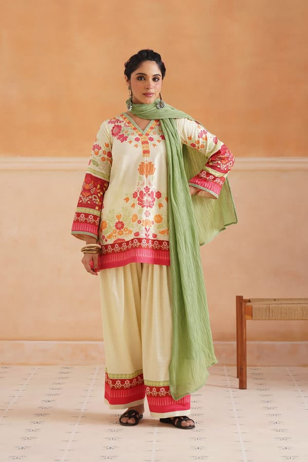 Ivory Floral Printed Cotton Kurta Set with Dupatta — NEETIKA CHOPRA