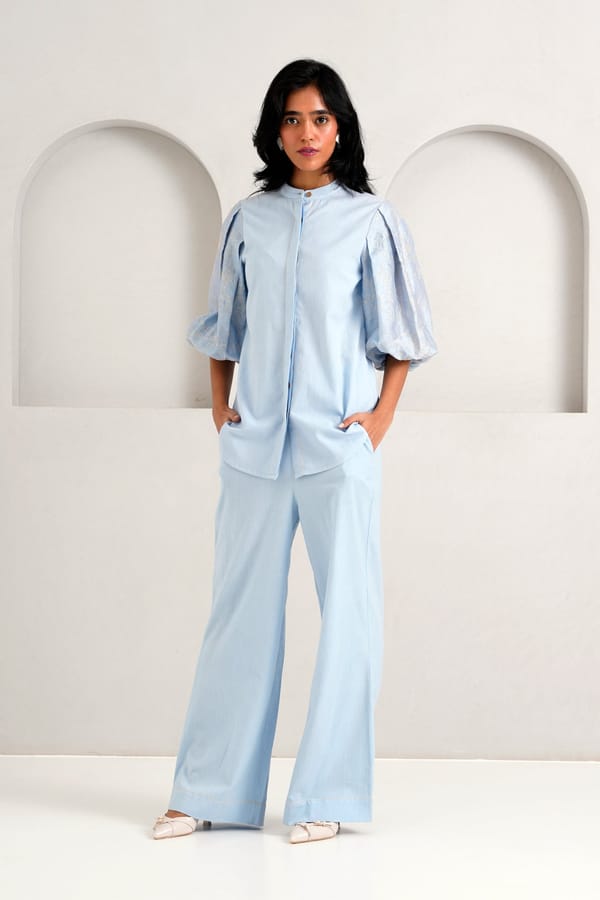 Ice Blue Embroidered Sleeve Shirt and Pants Co-ord Set — Madder Much