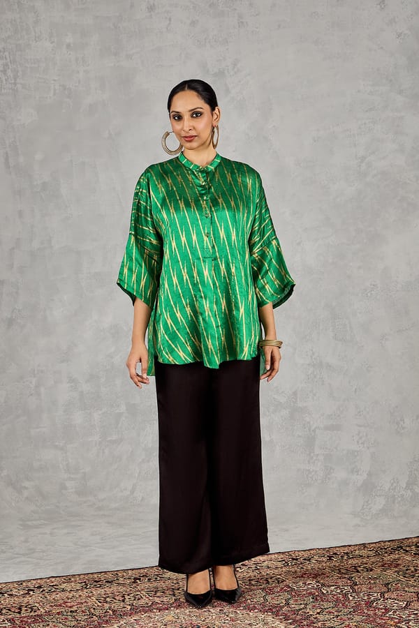 Green Zari Zigzag Tunic and Black Wide-Leg Pants Co-ord Set — SHIVANI BHARGAVA