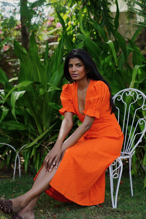 Orange Cotton Schiffli V-Neck Puff Sleeve Midi Dress — TARU JAIPUR