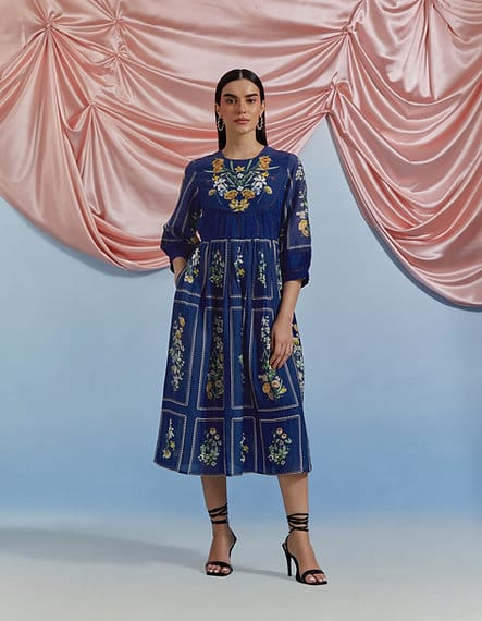 Cobalt Blue Floral Printed Fit and Flare Midi Dress — Pozruh