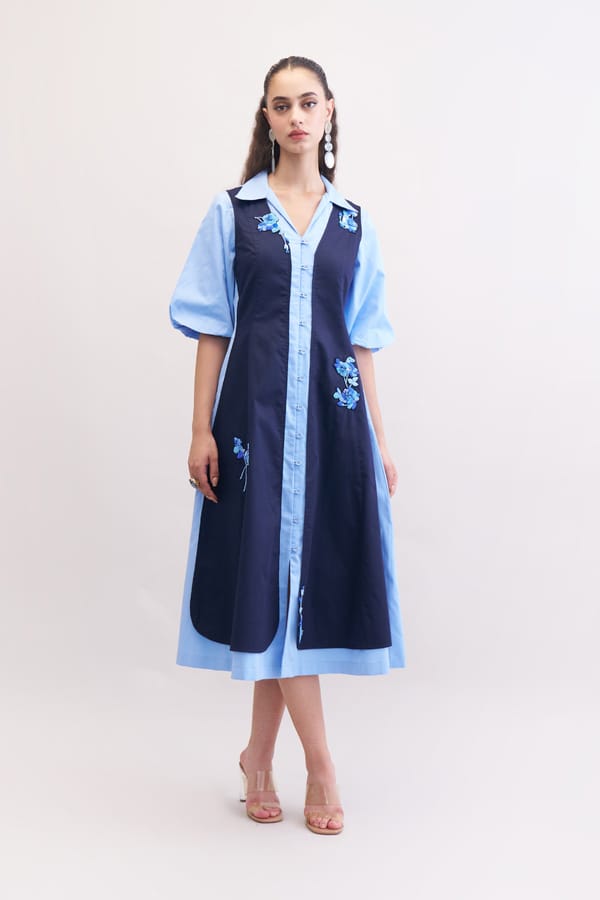 Navy and Blue Colorblocked Embroidered Midi Shirt Dress — Our Love