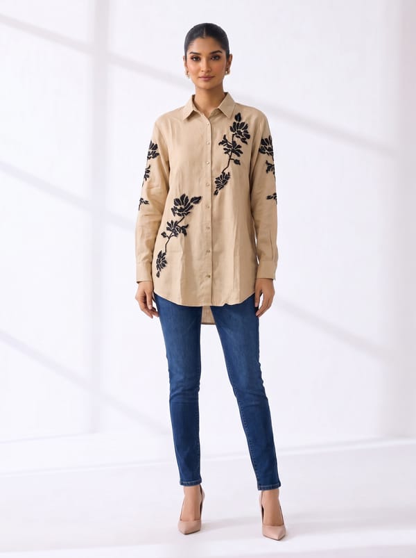 Beige Cotton Embroidered Longline Shirt — THE LUXURY DRESSING