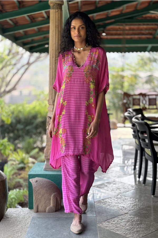 Hot Pink Crepe Printed Co-ord Set with Scalloped V-Neck — Basil Leaf