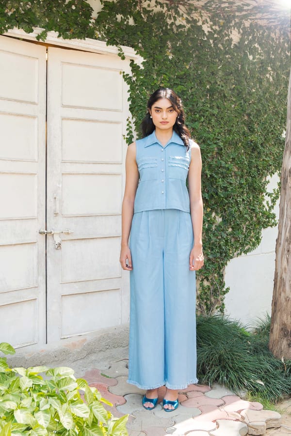 Blue Cotton Sleeveless Shirt and Wide-Leg Pants Co-ord Set — ETE CLOTHINGS