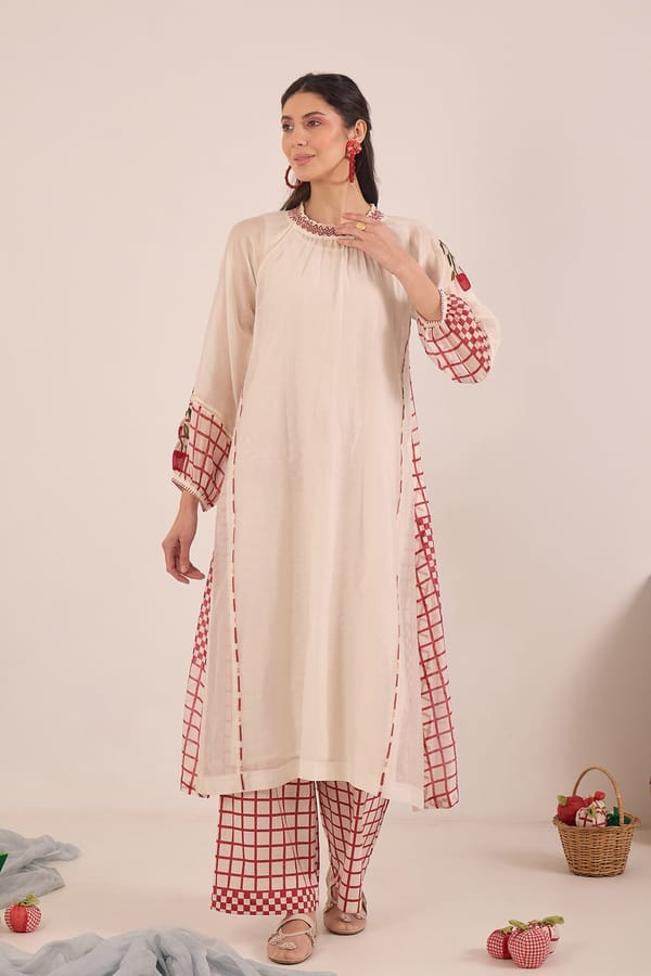 Ivory Kurta Set with Red Checks and Embroidered Neck — SHIVANI BHARGAVA